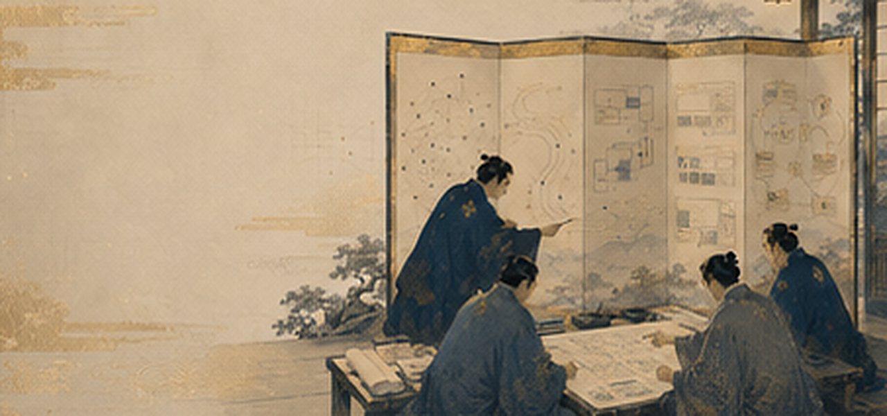 屏風の図面を前に検討する浮世絵風の情景。スクロールに合わせて絵の中の人物がゆっくり動く