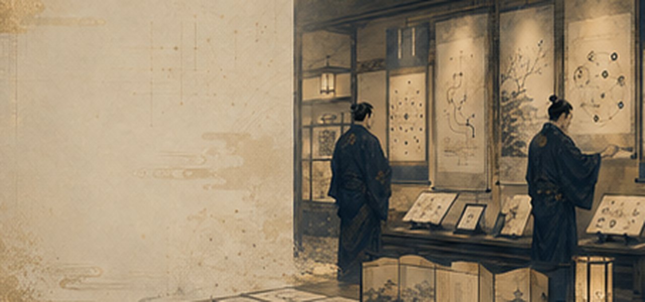 書架の図表を指し示して検討する浮世絵風の情景。スクロールに合わせて絵の中の人物がゆっくり動く