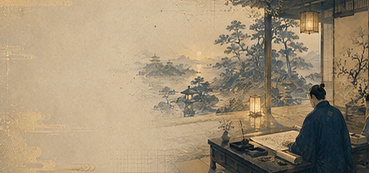文机に向かい筆を執る浮世絵風の情景。スクロールに合わせて絵の中の人物がゆっくり動く