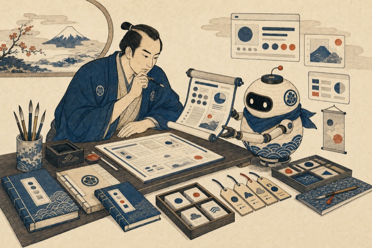 文机で資料を確認する人にロボットが下書きを差し出す和風イラスト