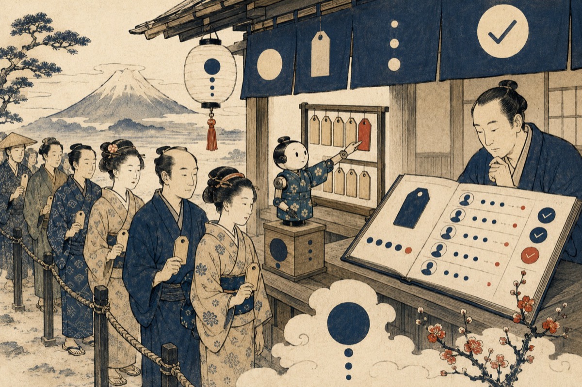 番号札の行列とからくり人形の呼び出しの和風イラスト